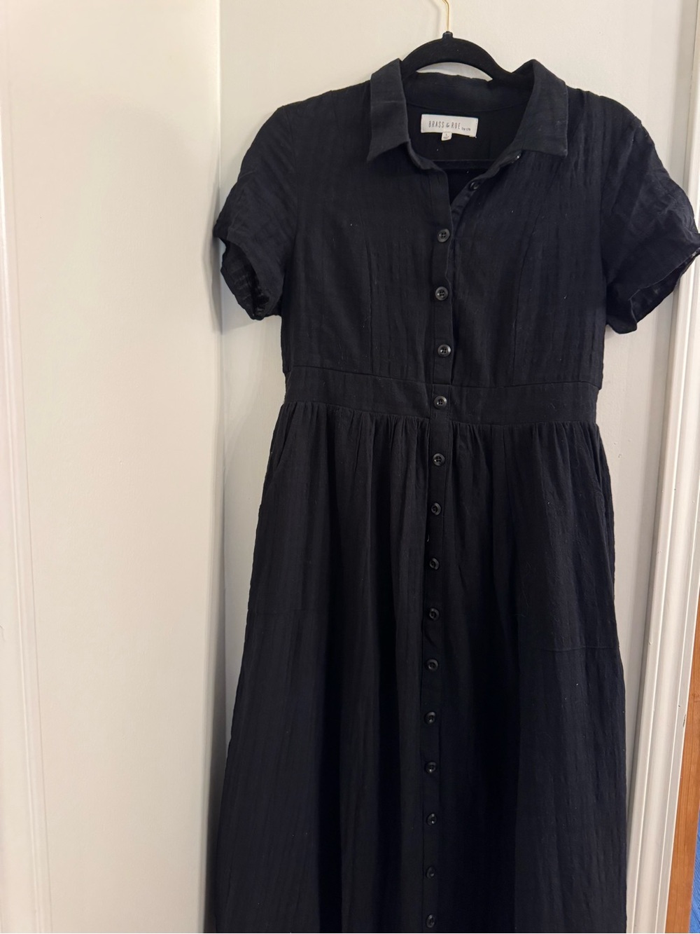 Black Button-Front Collared Midi Dress